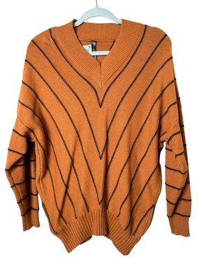 Cirana Large Rust Chevron Stripe V-Neck Sweater